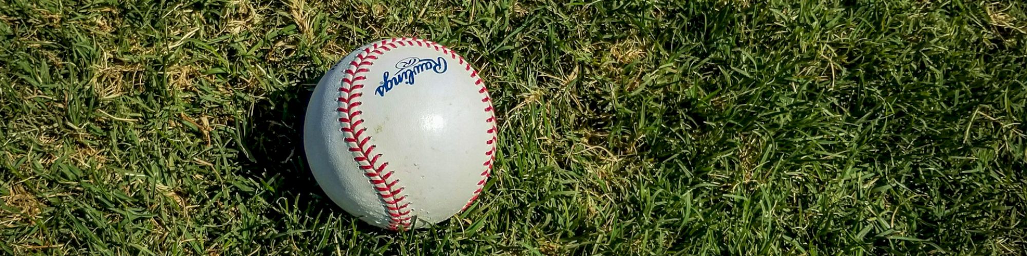 A baseball with red stitching lies on green grass, slightly shaded by sunlight, indicating it's perhaps on a field or in a yard.